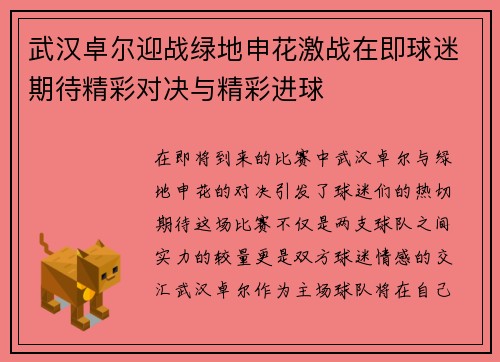 武汉卓尔迎战绿地申花激战在即球迷期待精彩对决与精彩进球