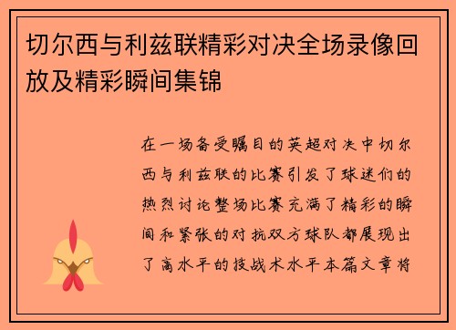 切尔西与利兹联精彩对决全场录像回放及精彩瞬间集锦