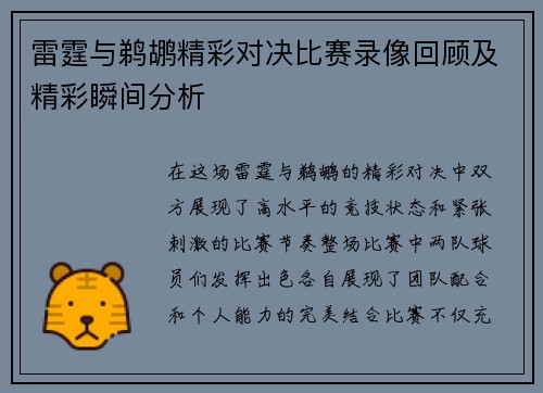雷霆与鹈鹕精彩对决比赛录像回顾及精彩瞬间分析